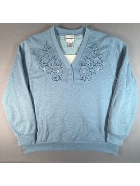 VTG BonWorth Sweatshirt Womens Petite M Blue Floral Embroidered Henley Pullover